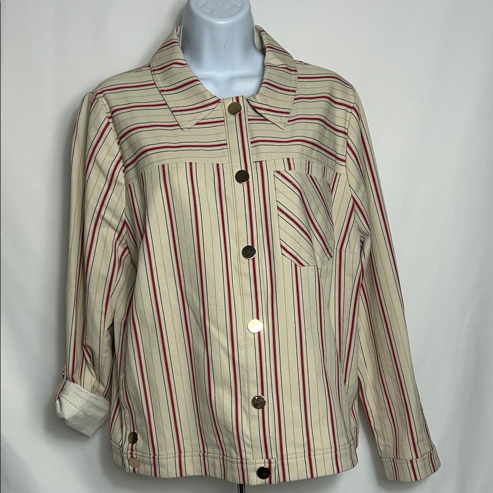 Chico’s Women’s Size 12/14 Cream With Red Stripes Cotton Blend front Snap Jacket